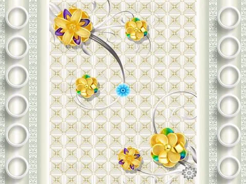 Light background, ornament, white rings, abstract ornamental golden flowers Stock Illustration