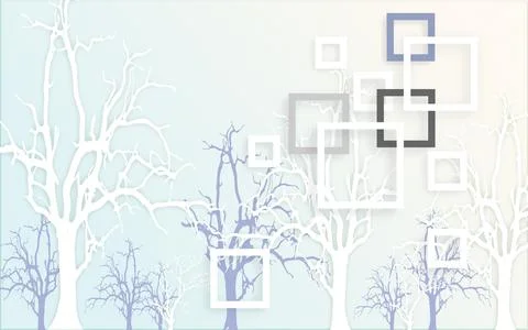 Light background, outlines of crooked trees and multicolored square frames Stock Illustration