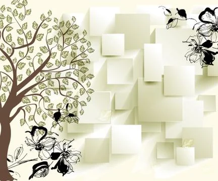 Light background, painted tree, black outline of flowers, rectangles Stock Illustration