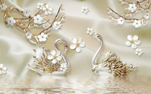 Light background, a pair of swans, white flowers, reflection in the water Stock Illustration