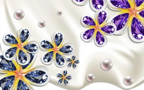 Light background, pearls, large abstract flowers with blue and lilac crystals Stock Illustration