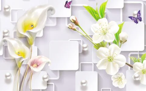 Light background, pearls, rectangles and frames, calla, cherry, butterflies Stock Illustration