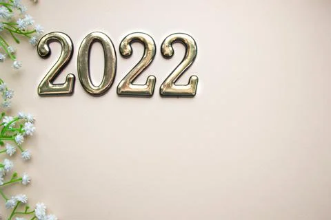 Light background with place for text. 2022 and white flowers Stock Photos