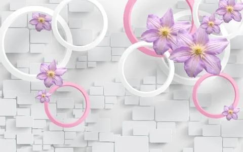 Light background, rectangles, white and pink rings, large lilac flowers Stock Illustration
