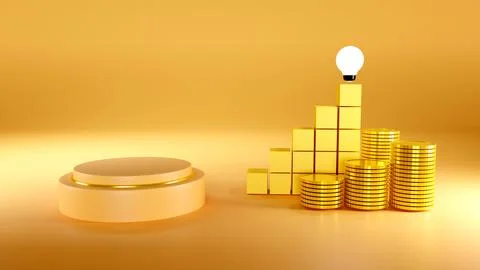 Light background round gold empty pedestal with graphs and gold coins Stock Photos