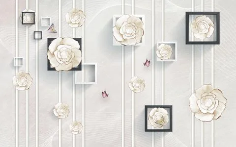 Light background, square frames, abstract beige round flowers Stock Illustration