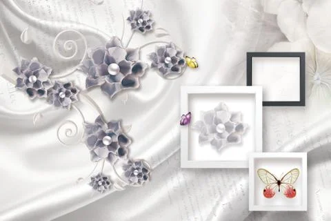 Light background, square frames, dark oranmental flowers Stock Illustration