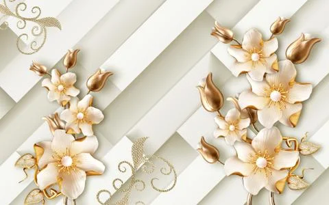 Light background with stripes, large fabulous gilded beige flowers Stock Illustration
