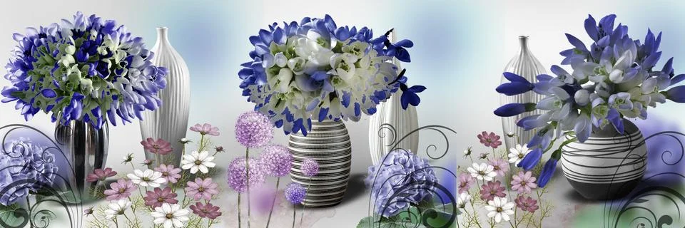 Light background, three vases with blue flowers and three white empty vases Stock Illustration