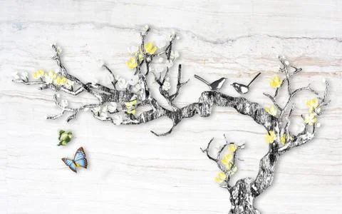 Light background, tree with white and yellow flowers, butterflies and birds Stock Illustration