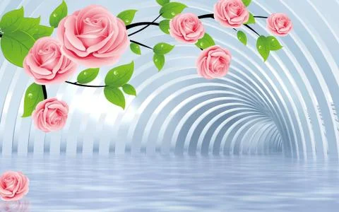 Light background, tunnel, large pink roses, green leaves with drops of dew Stock Illustration