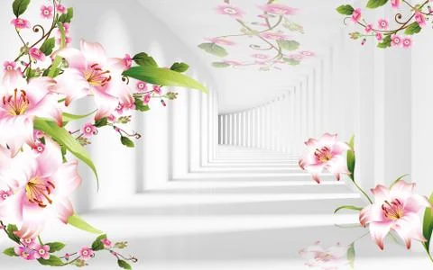 Light background, tunnel, light and shade, pink and white lilies Stock Illustration