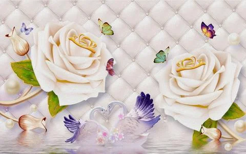 Light background, upholstery, two beige roses, swans, colorful butterflies Stock Illustration