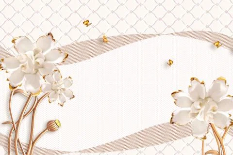 Light background, upholstery, two striped ribbons, large flowers, butterflies Illustrazione stock