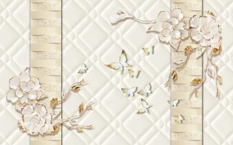 Light background, upholstery, vertical stripes, large gilded abstract flowers Stock Illustration