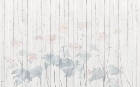 Light background, vertical boards, translucent large pink flowers with leaves Stock Illustration