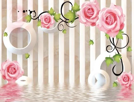 Light background with vertical columns, white rings, pink roses Stock Illustration