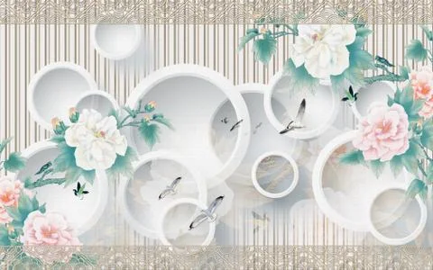 Light background, vertical lines, ornament, white rings, white and pink flowers Stock Illustration