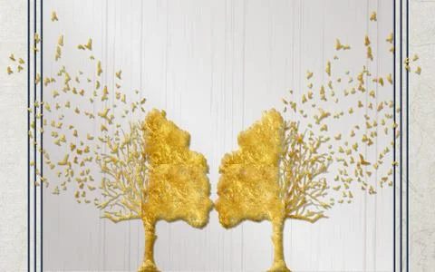 Light background, vertical lines, two golden trees with flying birds Stock Illustration