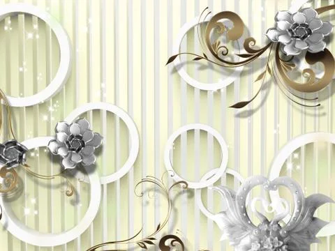 Light background, vertical lines, white rings, sparkles, ornamental flowers Stock Illustration