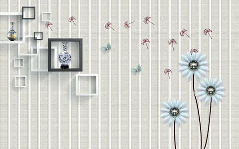 Light background, vertical stripes, frames, vases, blue flowers on black stems Stock Illustration