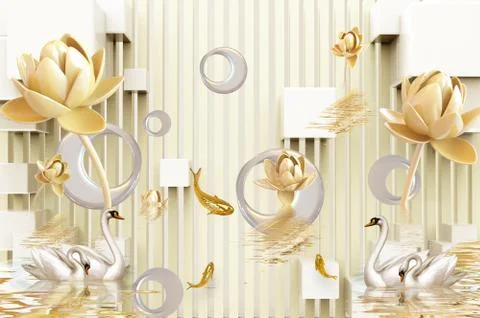 Light background, vertical stripes, rings, beige water lilies, swans, goldfish Stock Illustration