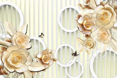 Light background, vertical stripes, white rings, gilded roses, two butterflies Stock Illustration