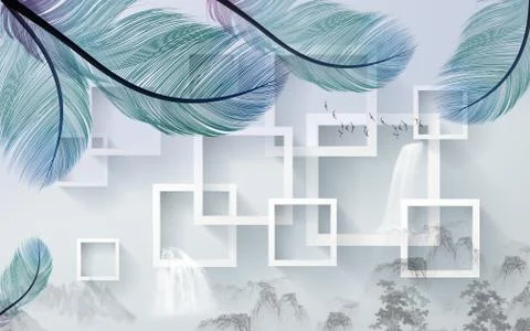 Light background with waterfalls, white square frames, large feathers Stock Illustration