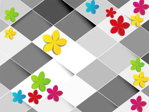 Light background, white and gray rhombuses, multi-colored paper flowers Stock Illustration