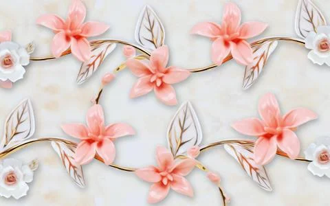 Light background, white and pink flowers on a gilded branch with white leaves Stock Illustration
