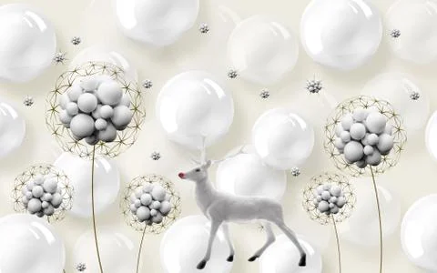 Light background, white balls, abstract dandelions, white deer with a red nose Stock Illustration