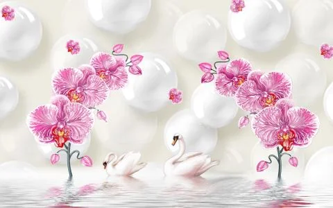 Light background, white balls, pink orchids, a pair of swans, reflected in water Ilustração Stock