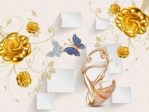 Light background, white rectangles, golden roses, golden figure, butterflies Stock Illustration