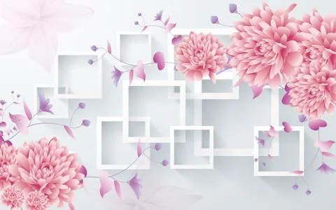 Light background, white rectangular frames, large pink peonies Stock Illustration