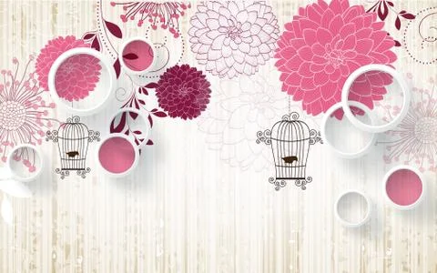 Light background, white rings, abstract red and pink flowers, two birds in cages Stock Illustration