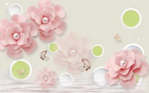Light background, white rings and green circles, large pink rose buds Stock Illustration