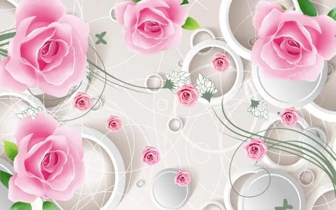Light background, white rings, large and small buds of pink roses Stock Illustration