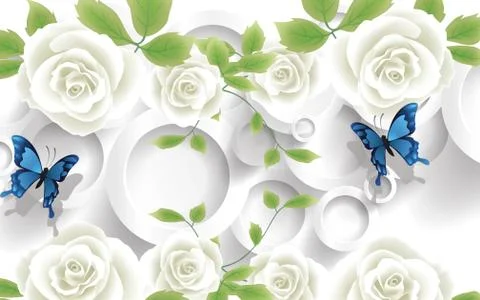 Light background, white rings, white roses, blue butterflies Stock Illustration