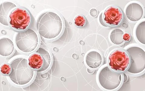Light background, white rings, white lines, buds of pink roses Stock Illustration