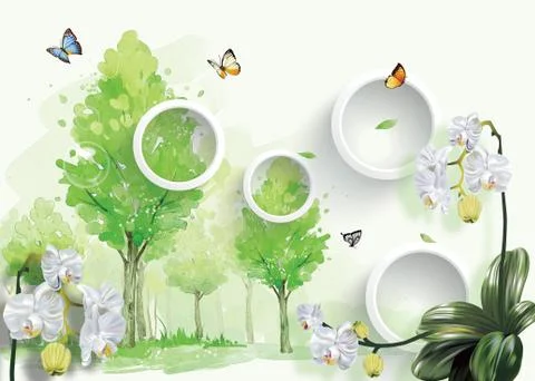 Light background, white rings, white clivia butterfly, painted green trees Stock Illustration