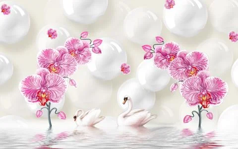 Light background, white shiny balls, pink orchids, a pair of white swans Stock Illustration