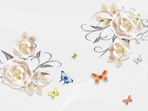 Light background with white wavy lines, beige flowers, colorful butterflies Stock Illustration