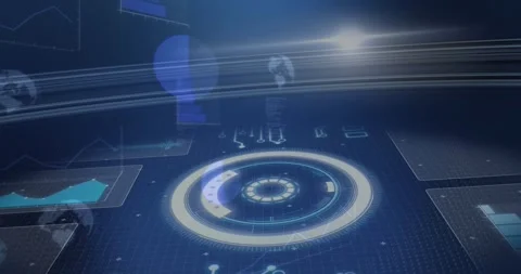 Light band sweeping, central circular HUD pulsing and rotating, revealing data Stock Footage 328469754