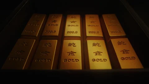gold ingot bar mirror effect bank storag... - Stock Video - Pond5