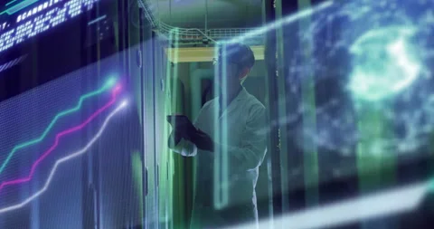 Light bars guiding data center engineer tapping rack swiping tablet reviewing Video stock 312638910