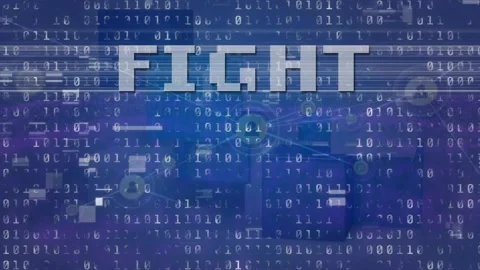 Light bars revealing FIGHT over scrolling binary code, showing metal letters Stock Footage 326974151