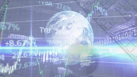 Light bars showing holo globe charts animating and rising representing global Stock Footage 329611209