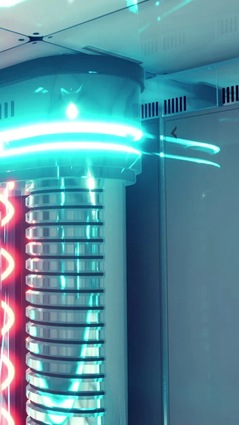 Light beam circles around a futuristic machine in a modern room setting Stock Footage 340268941