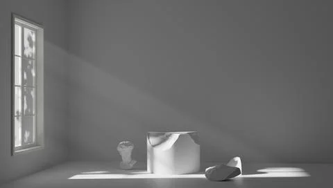 Light beam at the empty white marble stage with dark abstract wall and studio Illustrazione stock