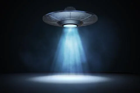 Light beam from flying UFO (alien spaceship). 3D rendered illustration. Stock Illustration